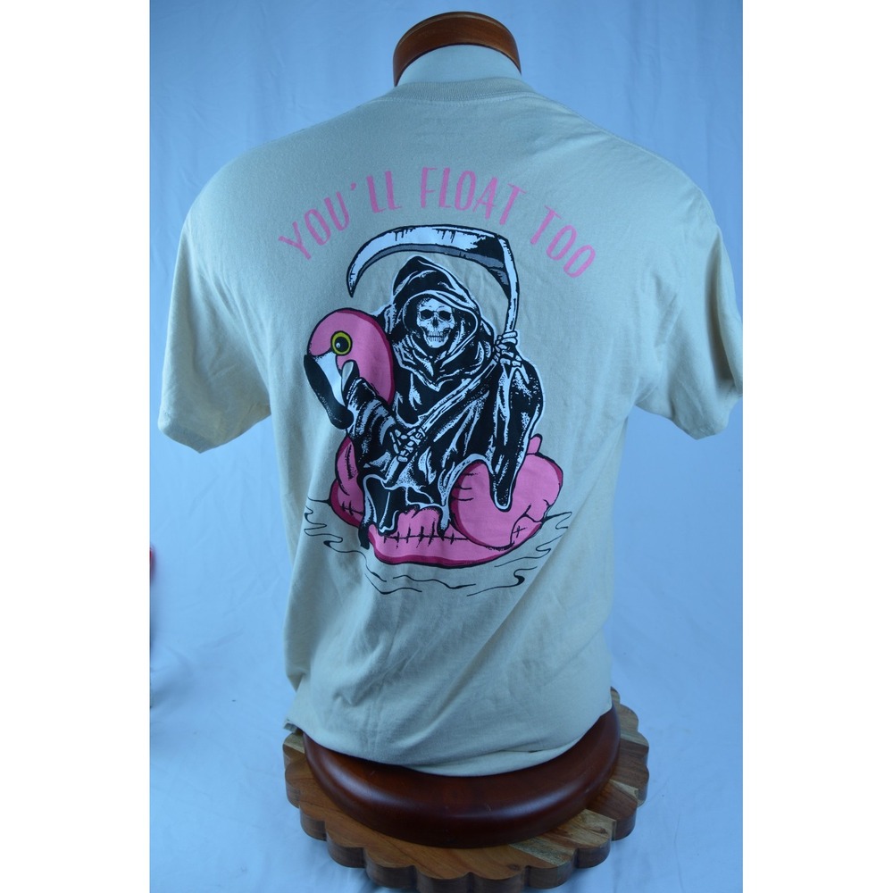 Retrofit Shirt Grim Reaper Pink Flamingo "You'll Float Too" Tan - Size Medium